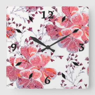 Rosa Blume auf Weiß. Quadratische Wanduhr