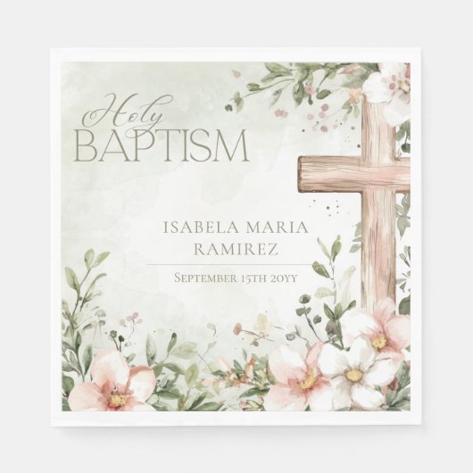 Rosa Blume aus Holz Taufe grün Serviette (Vorderseite)