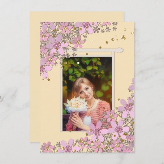 Rosa Blume aus Rosa, goldfarbene Polka-Punkte Glit Einladung (Vorne/Hinten)