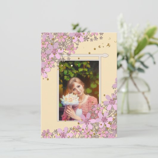 Rosa Blume aus Rosa, goldfarbene Polka-Punkte Glit Einladung (Stehend Vorderseite)