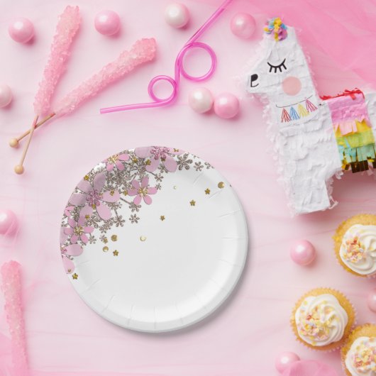 Rosa Blume aus Rosa, goldfarbene Polka-Punkte Glit Pappteller (Party)