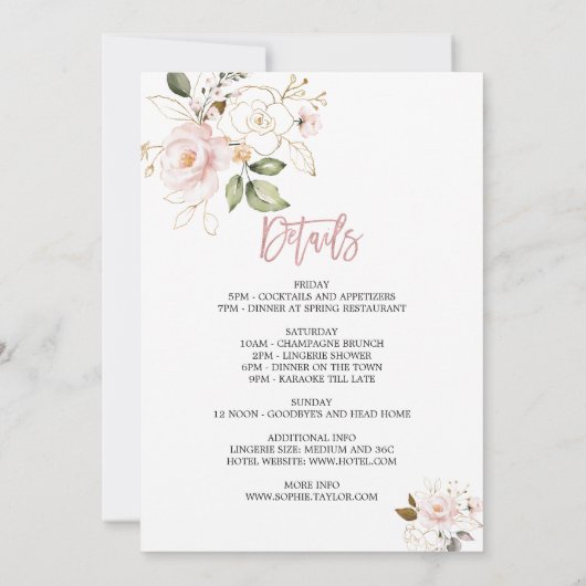 Rosa Blume Bachelorette Wochenende Einladung (Rückseite)