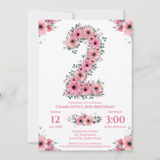 Rosa Blume Big 2. Geburtstag Girl Green Folies Einladung