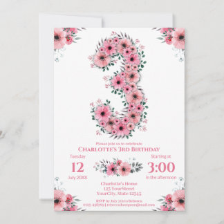 Rosa Blume Big 3. Geburtstag Girl Green Folies Einladung