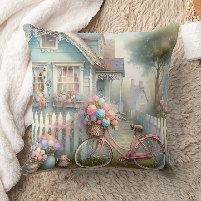 Rosa Blume Bike am Blue Hütte Gate Kissen (Decke)