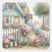 Rosa Blume Bike am Blue Hütte Gate Quadratischer Aufkleber (Vorderseite)