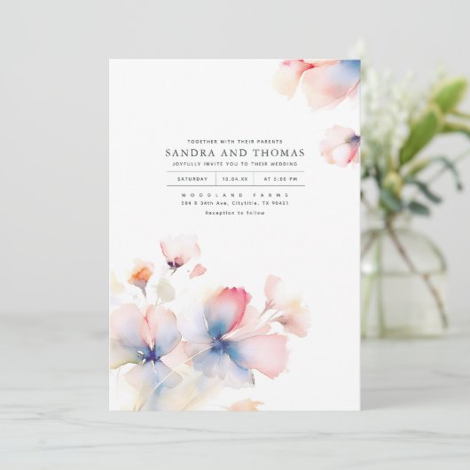 Rosa Blume Blau und Gold Shade Elegante Hochzeit Einladung (Stehend Vorderseite)