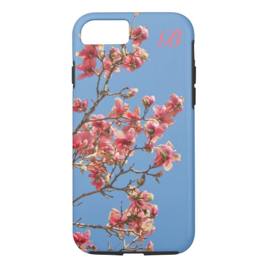 Rosa Blume, blauer Hintergrund, Monogramm Case-Mate iPhone Hülle (Rückseite)