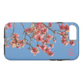 Rosa Blume, blauer Hintergrund, Monogramm Case-Mate iPhone Hülle (Rückseite (Horizontal))