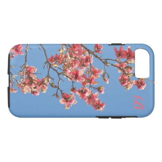 Rosa Blume, blauer Hintergrund, Monogramm Case-Mate iPhone Hülle (Rückseite (Horizontal))