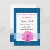 Rosa Blume Blue Ribbon Geburtstag Einladung (Vorne/Hinten)