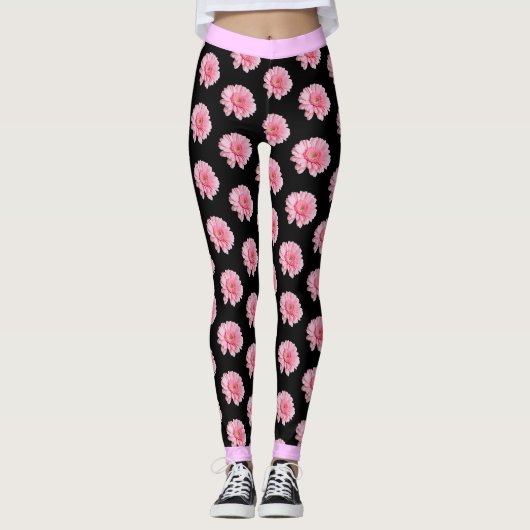 Rosa Blume Blumenmuster auf BLACK Leggings (Vorderseite)