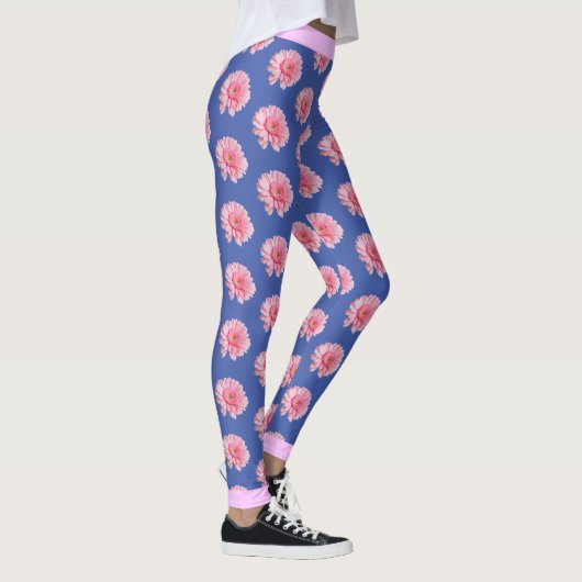 Rosa Blume Blumenmuster auf BLAU Leggings (Rechts)