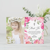 Rosa Blume Blumenrahmen Erste Heilige Kommune Dankeskarte (Stehend Vorderseite)