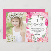 Rosa Blume Blumenrahmen Erste Heilige Kommune Dankeskarte (Vorne/Hinten)