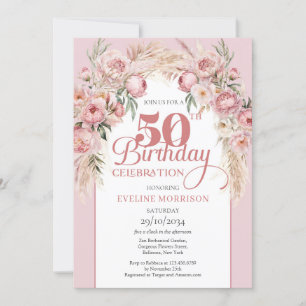 Rosa Blume boho arch pampas 50. Geburtstag Einladung