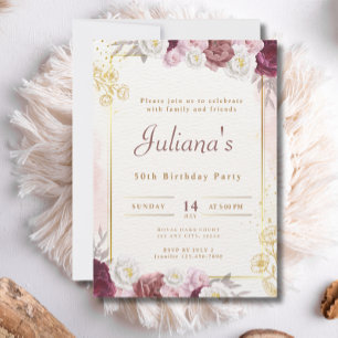 Rosa Blume Boho Elegant 50. Geburtstagsparty Einladung