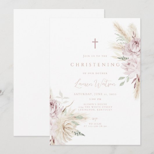 Rosa Blume boho taufen Einladung (Vorne/Hinten)