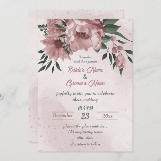 Rosa Blume botanische Hochzeit Einladung (Vorne/Hinten)