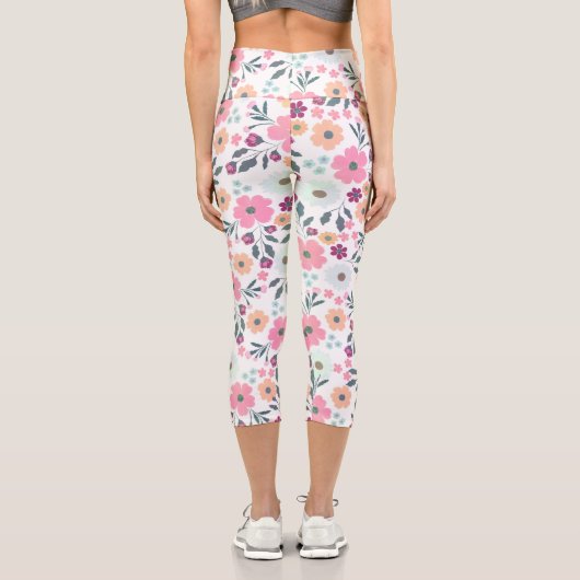 Rosa Blume Botanisches Weißes Design Capri Leggings (Rückseite)
