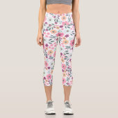 Rosa Blume Botanisches Weißes Design Capri Leggings (Vorderseite)