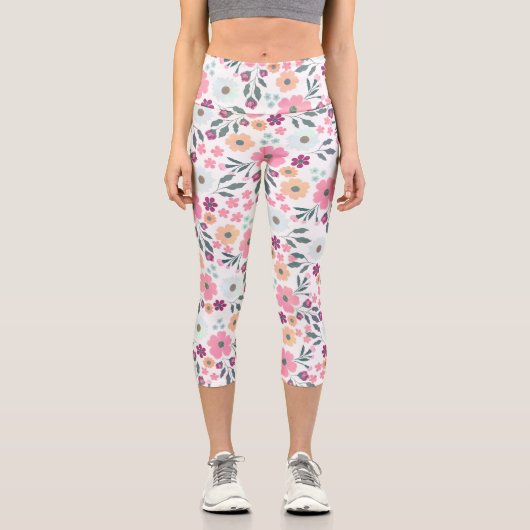 Rosa Blume Botanisches Weißes Design Capri Leggings (Vorderseite)