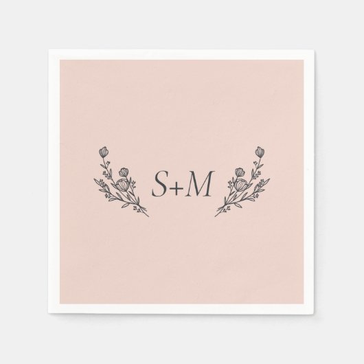 Rosa Blume Bouquet Leaf Monogram Wedding Serviette (Vorderseite)