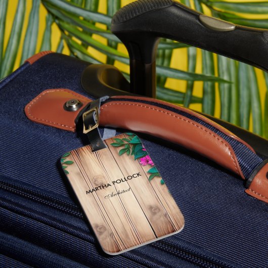 Rosa Blume, Braunholz Gepäckanhänger (Vorderseite Insitu 1)