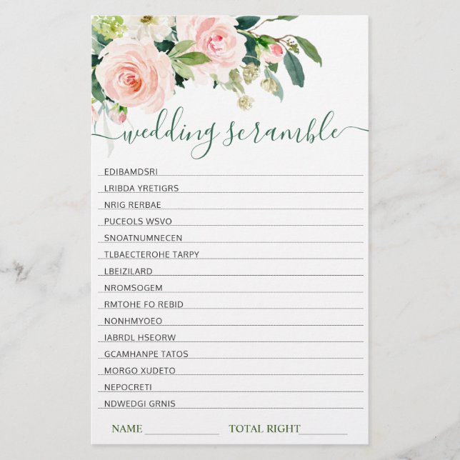 Rosa Blume Brautparty Scramble Game (Vorderseite)