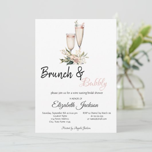 Rosa Blume Champagner Brunch & Bubbly Einladung (Stehend Vorderseite)