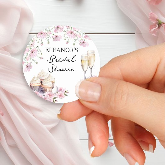 Rosa Blume Champagnerbrille und Cupcakes Runder Aufkleber