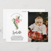 Rosa Blume Cross Foto Taufen Einladung (Vorne/Hinten)