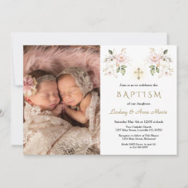 Rosa Blume Cross Girls Twins Foto Taufe Einladung
