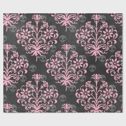 Rosa Blume Damask with Skulls on grau Geschenkpapier (Flach)