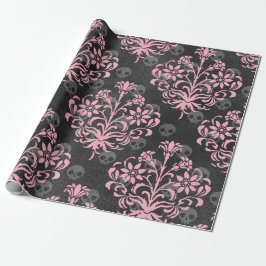 Rosa Blume Damask with Skulls on grau Geschenkpapier