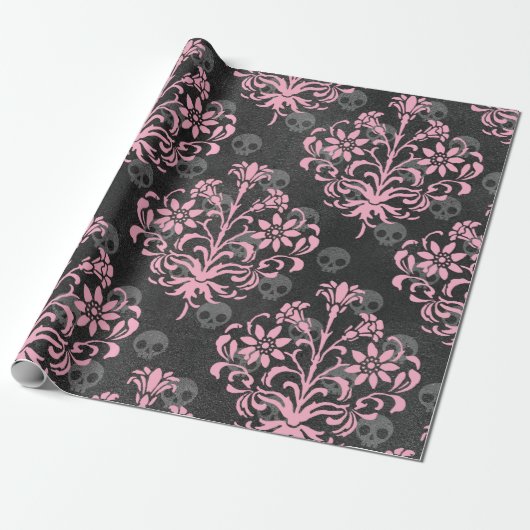 Rosa Blume Damask with Skulls on grau Geschenkpapier (Ungerollt)