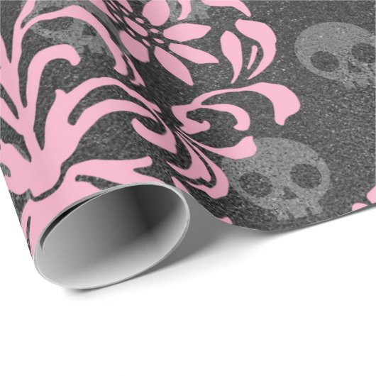 Rosa Blume Damask with Skulls on grau Geschenkpapier (Rolleneckpunkt)