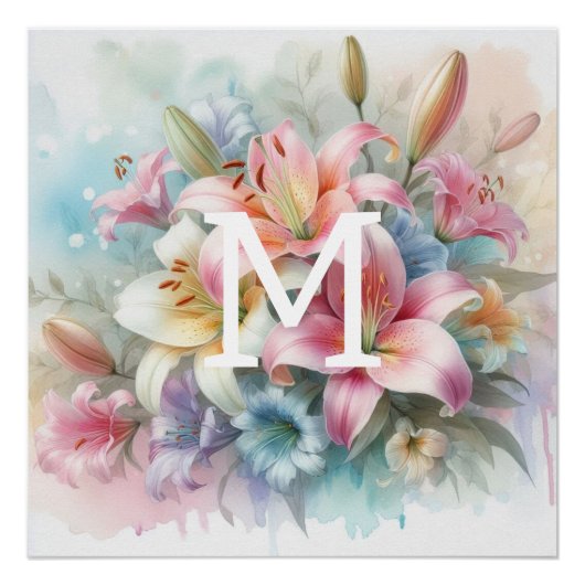 Rosa Blume der Floral Aquarell Monogramm Poster (Vorderseite)