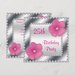 Rosa Blume & Diamanten 25. Geburtstag Einladung