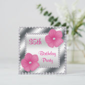 Rosa Blume & Diamanten 35. Geburtstag Einladung (Stehend Vorderseite)