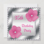 Rosa Blume & Diamanten 35. Geburtstag Einladung (Vorderseite)