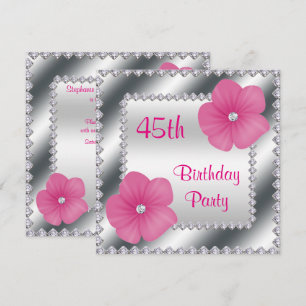Rosa Blume & Diamanten 45. Geburtstag Einladung