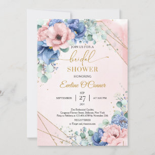 Rosa Blume, dunkelblau und rot, Goldrahmen Einladung