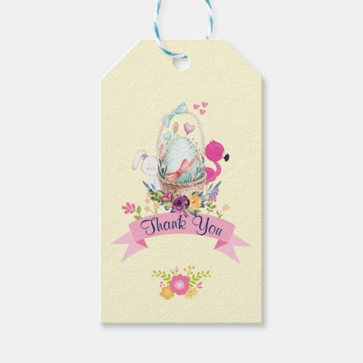 Rosa Blume, Ei, Flamingo & Bunny Danke Geschenkanhänger (Vorderseite)
