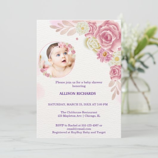 Rosa Blume Einladung (Stehend Vorderseite)