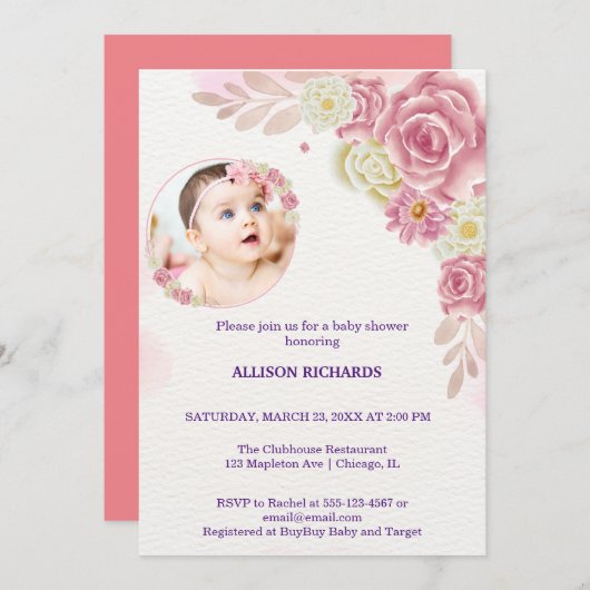 Rosa Blume Einladung (Vorne/Hinten)