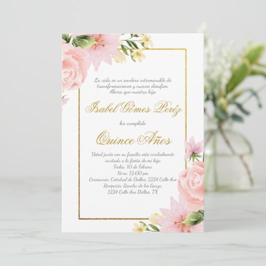 Rosa Blume Einladung in spanischer Sprache (Stehend Vorderseite)