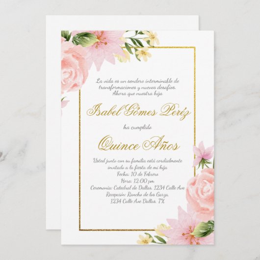 Rosa Blume Einladung in spanischer Sprache (Vorne/Hinten)
