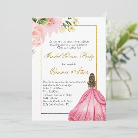 Rosa Blume Einladung in spanischer Sprache (Stehend Vorderseite)