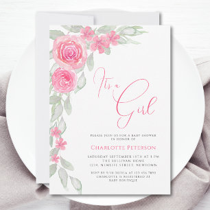 Rosa Blume Elegant Boho Es ist eine Girl Baby Dusc Einladung